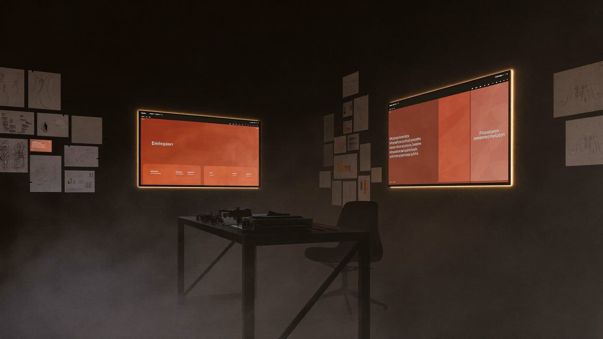Inside the Faraco studio — a dark atelier lit by warm amber screens